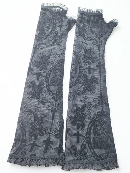 Gothic Rose Print Mesh Long Fingerless Gloves