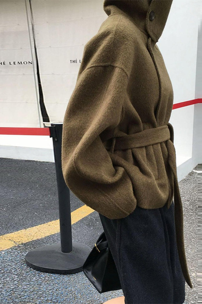 Turtleneck Loose Double-Faced Wool Tie Waist Retro Coat