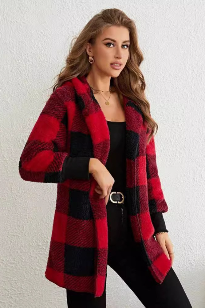 Loose Plaid Color Block Knit Cardigan Chic Coat