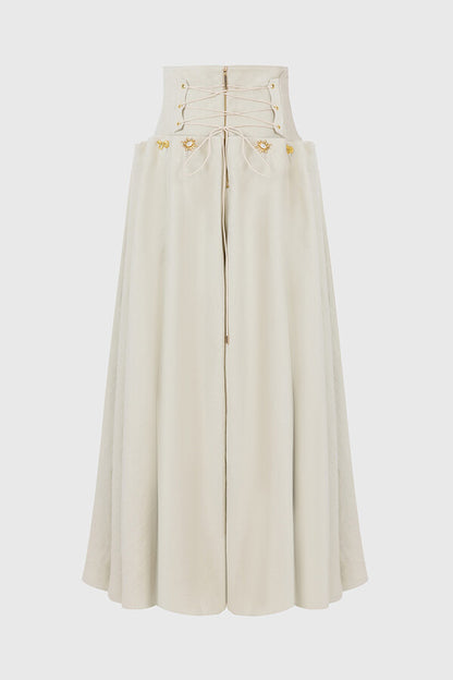 Custom Look Linen Blend Unique Metal Pattern Buttons Lace-up Waist Crisp Hem Maxi Skirt