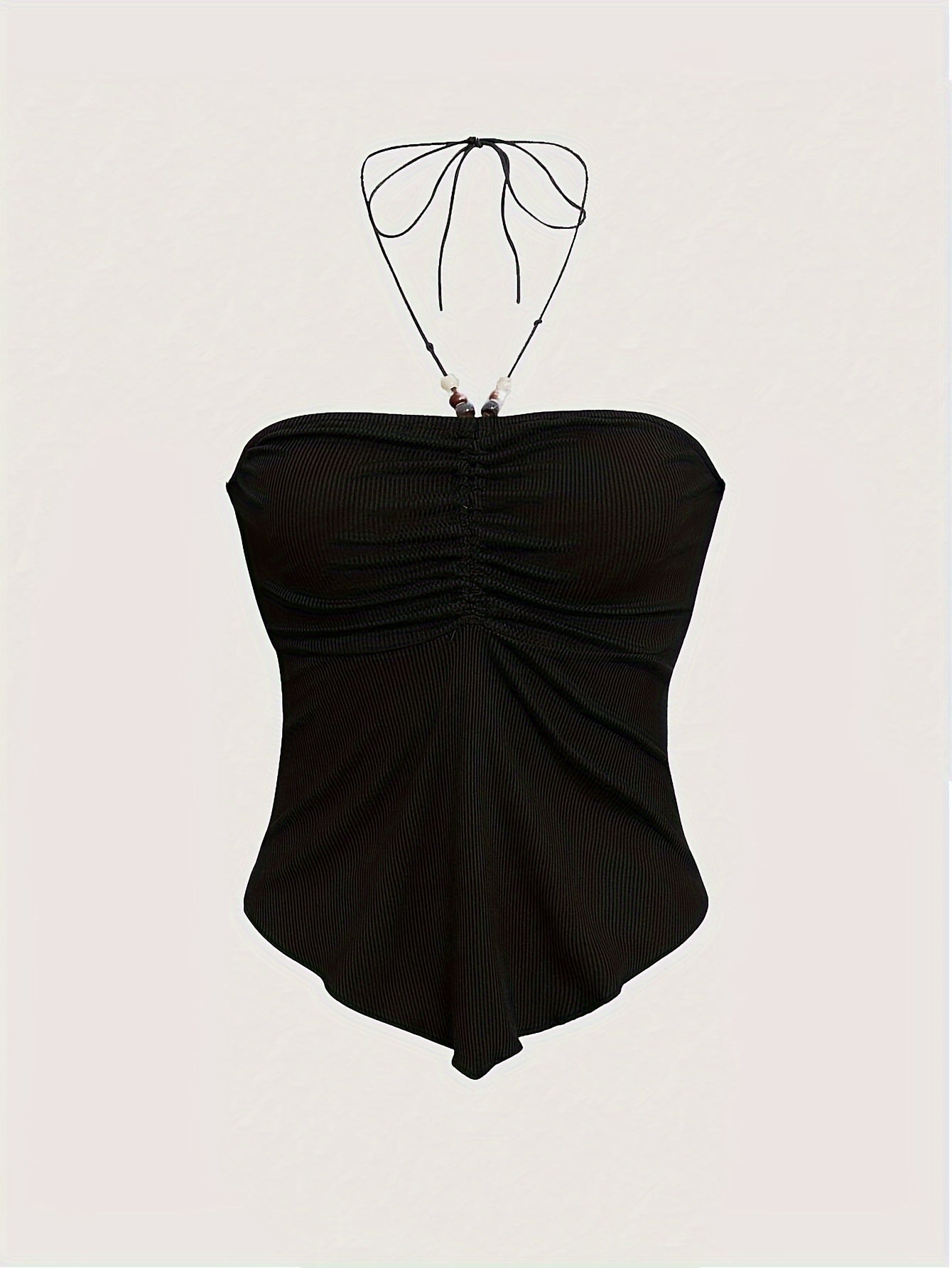 Solid Color Stretchy Polyester Blend Halter Neck Top - Y2K-Inspired Beaded Detail, Perfect for All Seasons