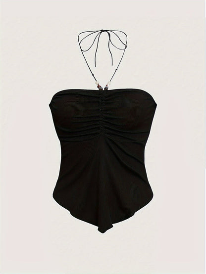 Solid Color Stretchy Polyester Blend Halter Neck Top - Y2K-Inspired Beaded Detail, Perfect for All Seasons