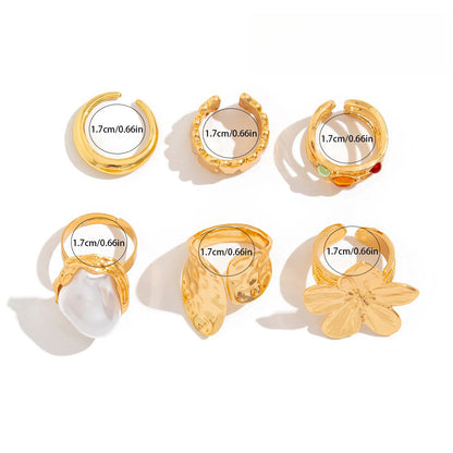 6-Piece Baroque Pearl Floral Adjustable Ring Set
