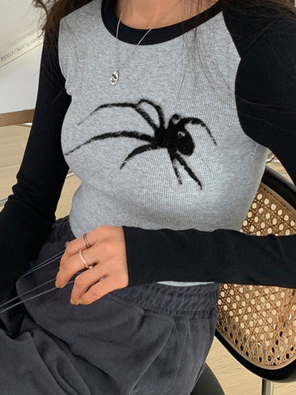 Spider Print Raglan Slim Long Sleeve Knit