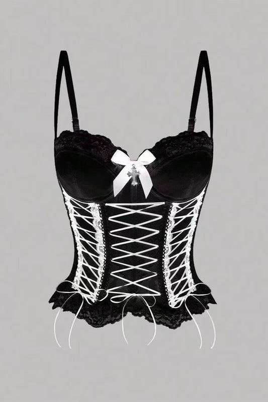Cross Front Bow Lace Boned Corset