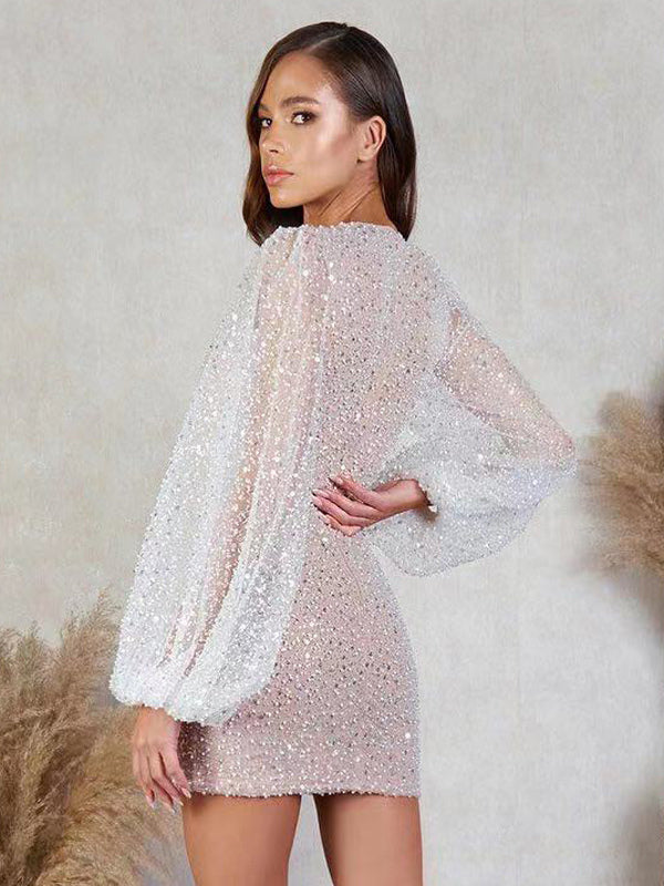 Sequins Dress Plunge Long Sleeves Sexy Birthday Party Bodycon Mini Dresses