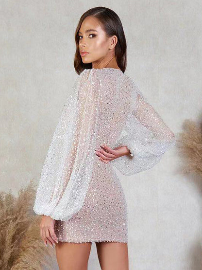 Sequins Dress Plunge Long Sleeves Sexy Birthday Party Bodycon Mini Dresses