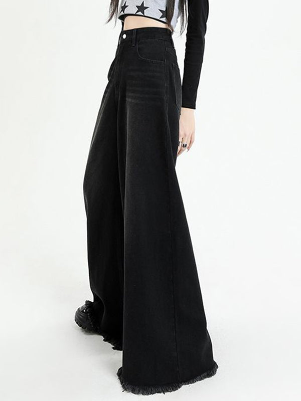 Versatile Black Raw Edge Wide Leg Boyfriend Jeans