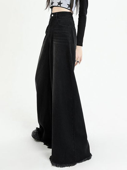 Versatile Black Raw Edge Wide Leg Boyfriend Jeans
