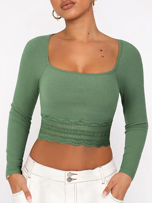 Solid Color Lace Hem Square Neck Crop Long Sleeve Knit