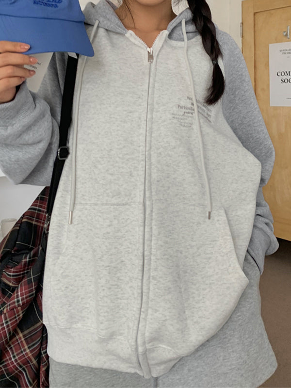 Color Block Splice Zip Up Oversized Hoodie