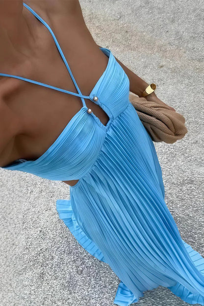Sky Blue Halter Pleated Satin A Line Prom Dresses With Cutout