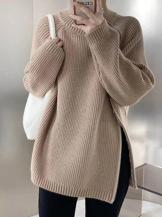 Jersey de cuello alto extragrande para mujer con cremallera lateral | Ideal para otoño/invierno
