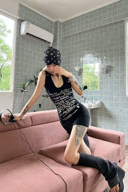 Slim Sleeveless Letter Print Punk Mini Dress