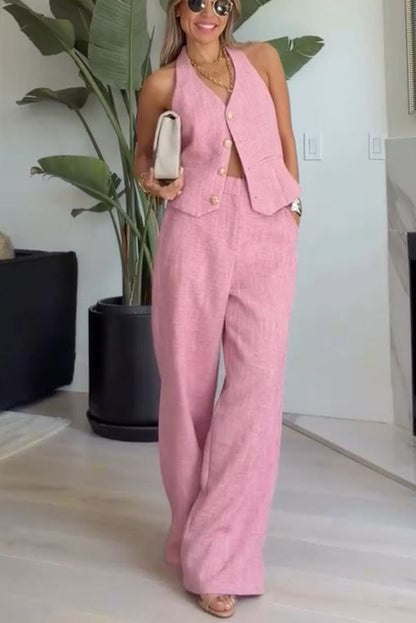 City Outfit Linen Blend Metal Button Halter Vest and Pocket Wide Leg Pants Set