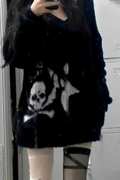 Punk Skull Relaxed-Fit Versatile Knit Sweater
