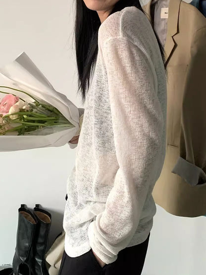 Plain Crewneck Casual Thin Long Sleeve Knits