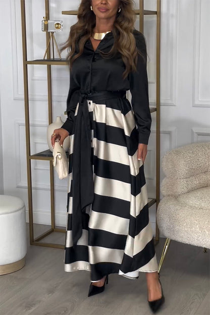 Lindsey Satin Colorblock Contrast Long Sleeve Belted Shirt Maxi Dress