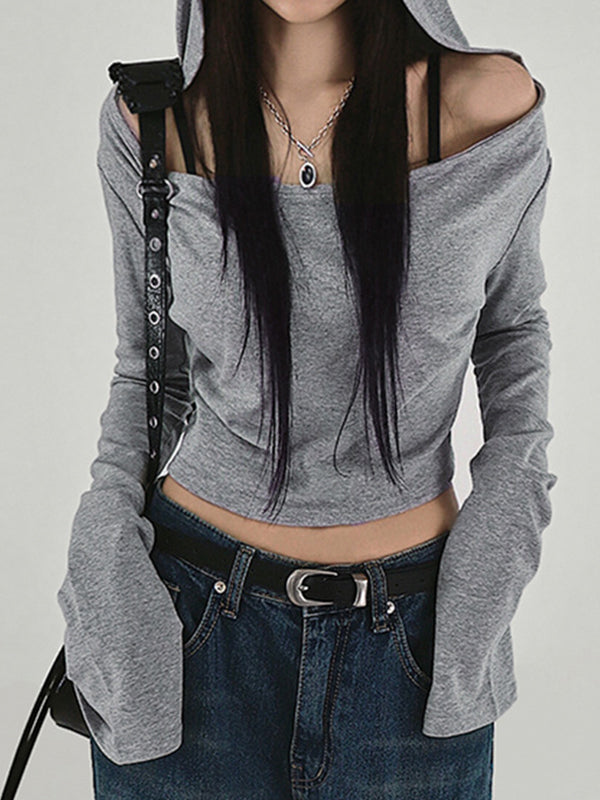 Off Shoulder Hooded Long Sleeve Tee
