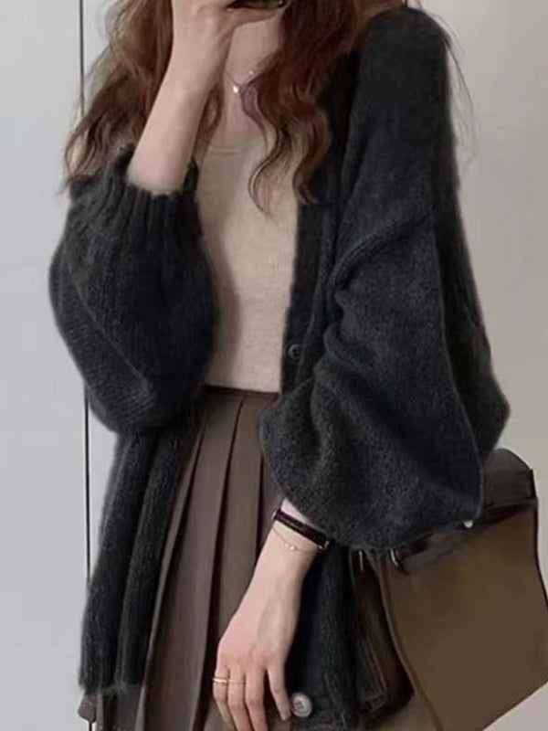 Mohair Solid Lantern Sleeve Baggy Cardigan
