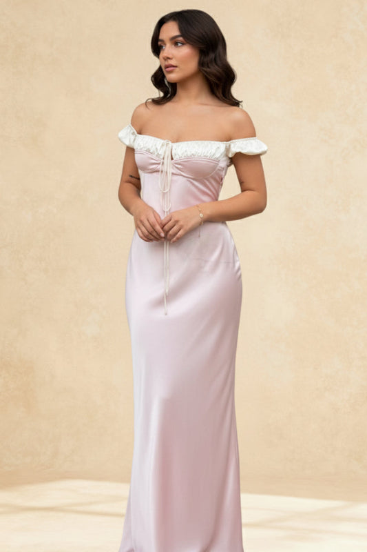 Pink Satin Ruched Charming Contrast Sleeve Dress