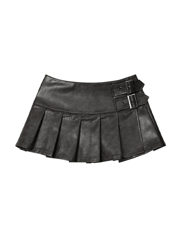 Vintage Buckle Detail Pleated Leather Mini Skirt