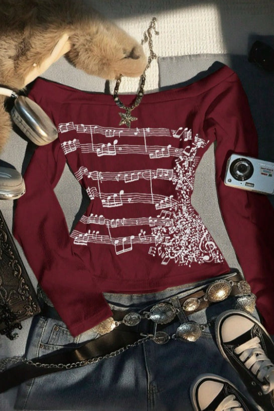 Y2K Note Print Tie Patchwork Long Sleeve  Knit Top