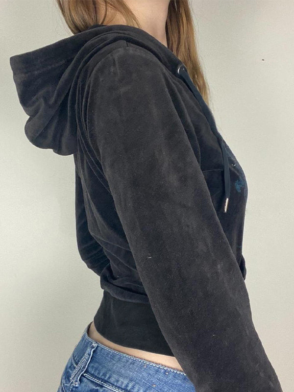 Grunge Rhinestone Print Zip Up Hoodie