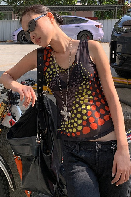 Y2K Sheer Polka Dot Mesh Top