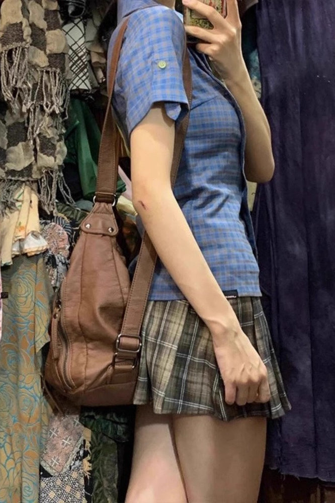 Vintage Blue Plaid Short Sleeve Blouse