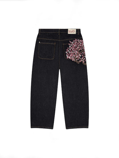 American Vintage Plum Flower Embroidery Boyfriend Jeans
