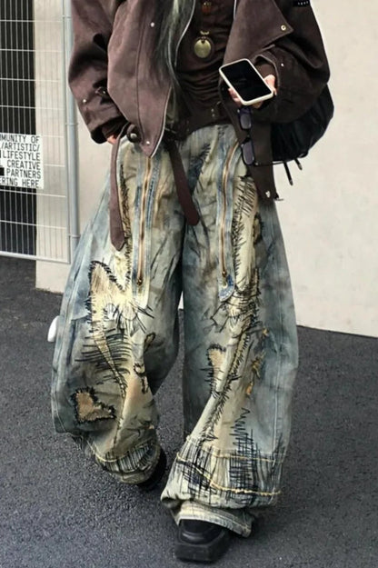 Retro Denim Wide Leg Mop Pants
