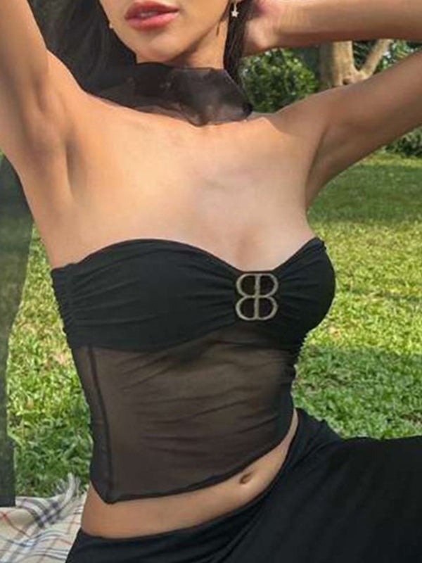 Low Cut Metal Decor Mesh Bandeau Top