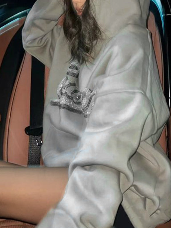 Rhinestone Print Fleece Couple Style Oversized Hoodie