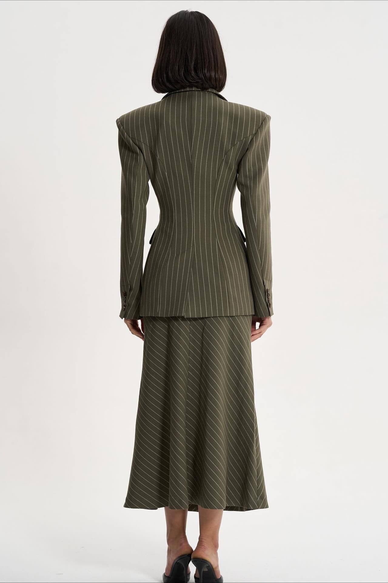 Structured Flowing Striped Fitted Two Piece Blazer Skirt Set