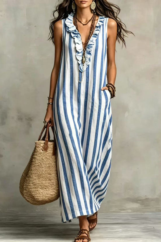 Fashionable Striped Print V-neck Ruffled Sleeveless Pockets Casual Midi Dress