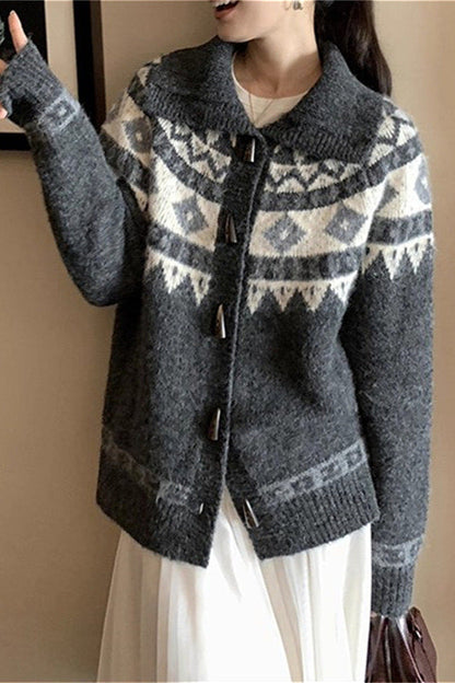 Jacquard Collar Horn Button Retro Loose Knit Cardigan