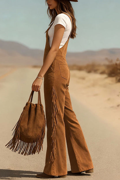 Stylish Suede Tassel Button Pocket Casual Wide-leg Overalls