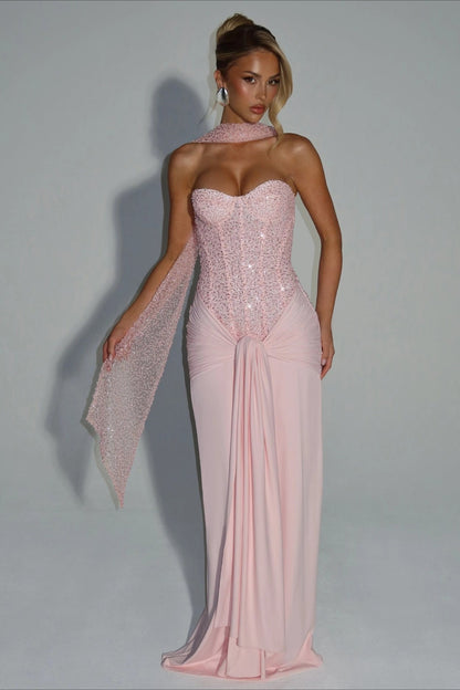 Ribbon Strapless Corset Maxi Evening Prom Dress