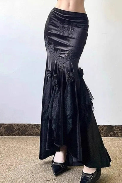 Gothic Embroidered Black Velvet Mermaid Skirt