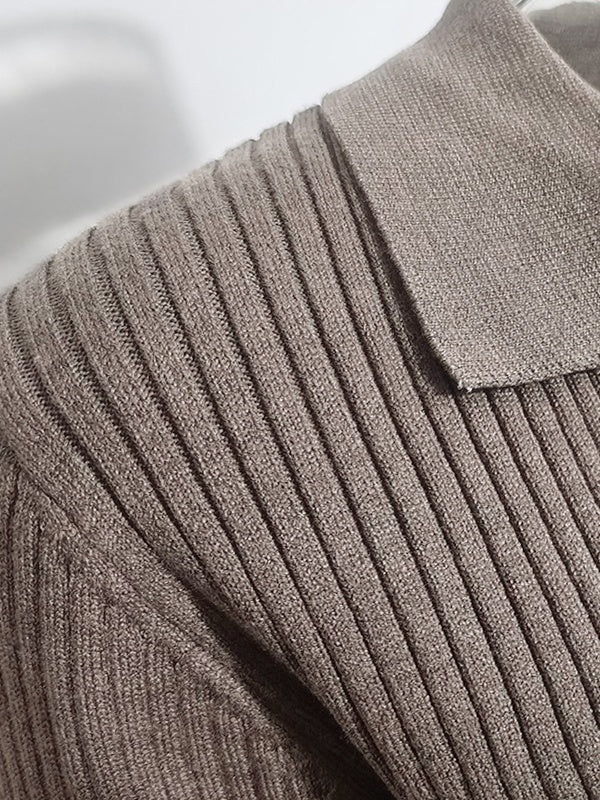 Solid Color Ribbed Polo Neck Sweater