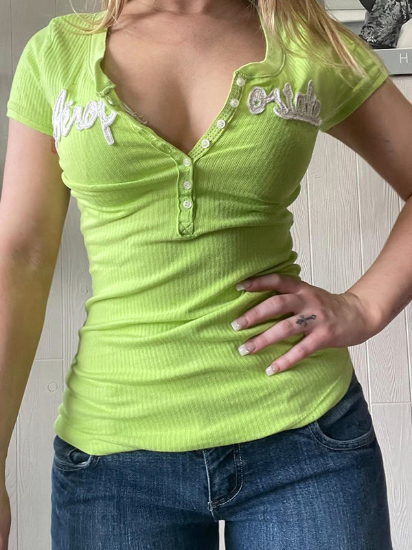 V Neck Letter Print Short Sleeve Knits