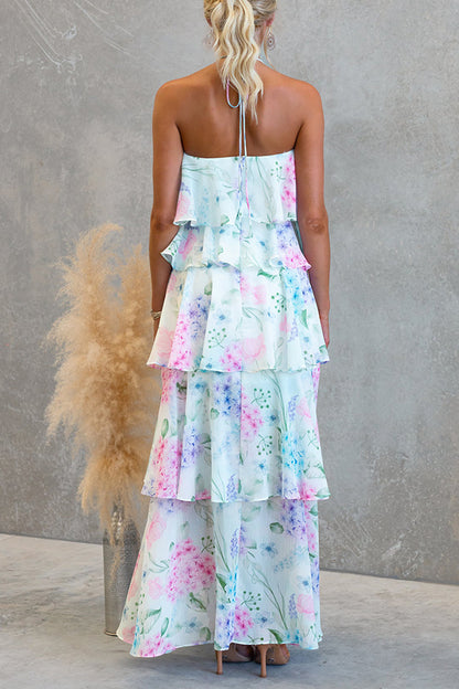 Poetic Eden Chiffon Floral Print Tiered Ruffles Halter A-line Maxi Dress