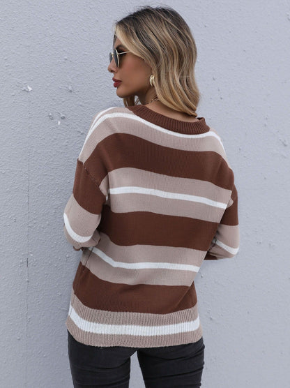 Coffee Color Long Sleeve Striped Sweater