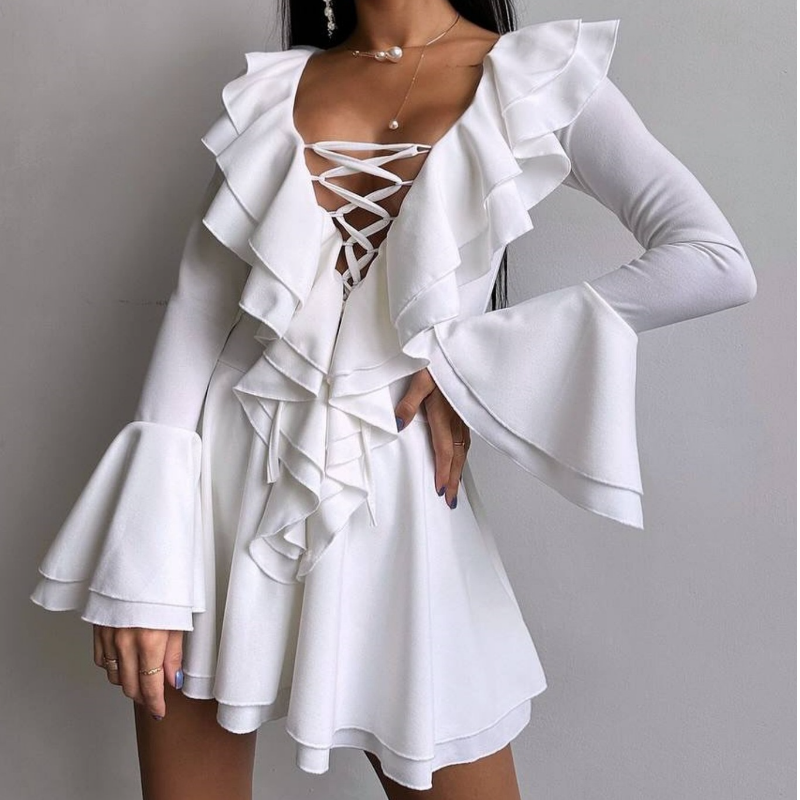 Long flared sleeve ruffle lace up solid mini dress  | Festival Outfits Women