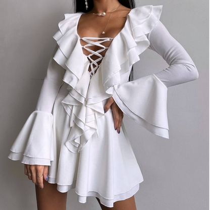 Long flared sleeve ruffle lace up solid mini dress  | Festival Outfits Women
