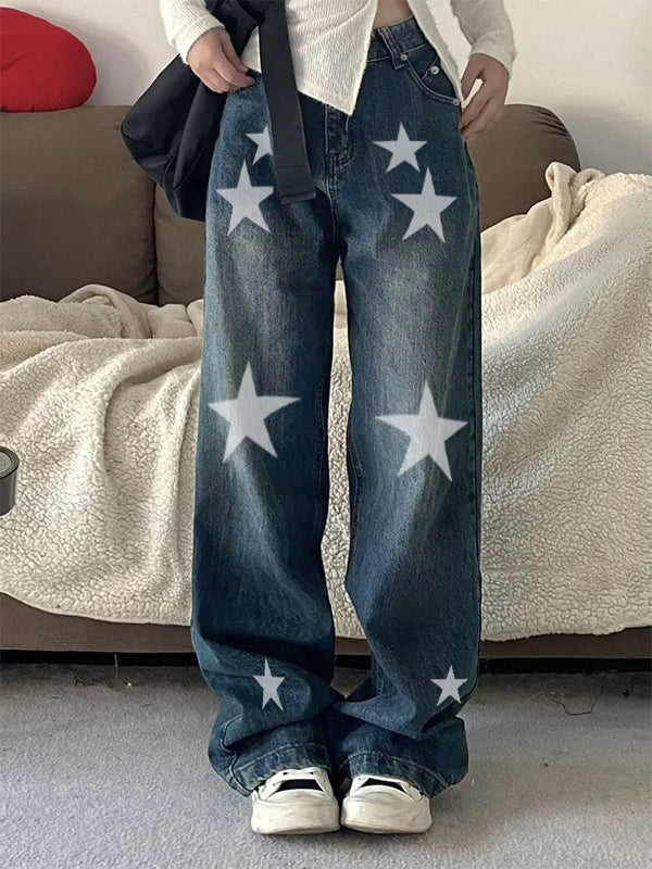 Washed Distressed Star Print Boyfriend Jeans
