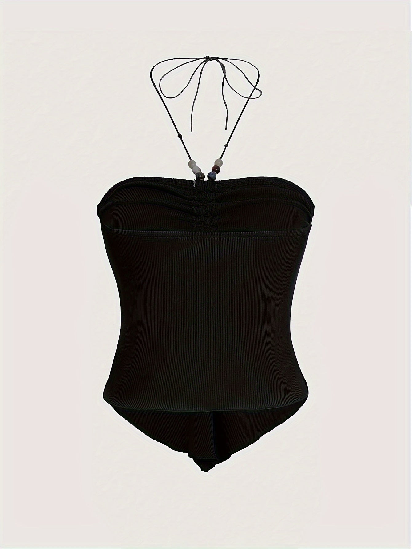 Solid Color Stretchy Polyester Blend Halter Neck Top - Y2K-Inspired Beaded Detail, Perfect for All Seasons