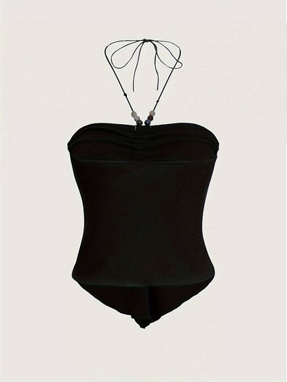 Solid Color Stretchy Polyester Blend Halter Neck Top - Y2K-Inspired Beaded Detail, Perfect for All Seasons