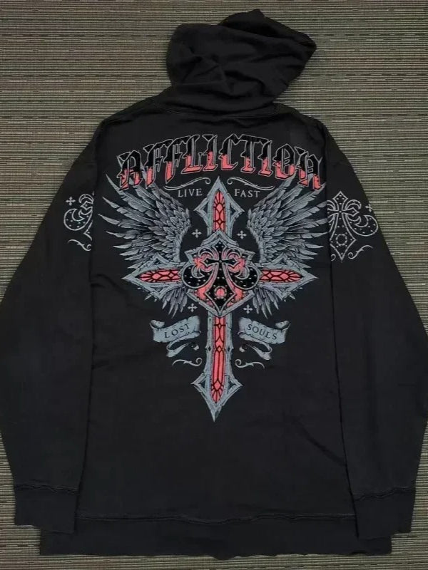 Streetwear Skull Eye Print Black Pullover Hoodie